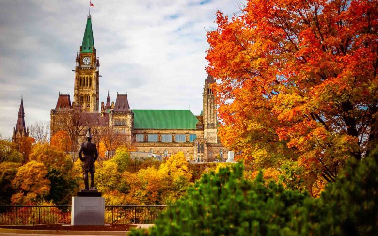 Public statue facing Parliament Hill in the Fall in Ottawa, Ontario
