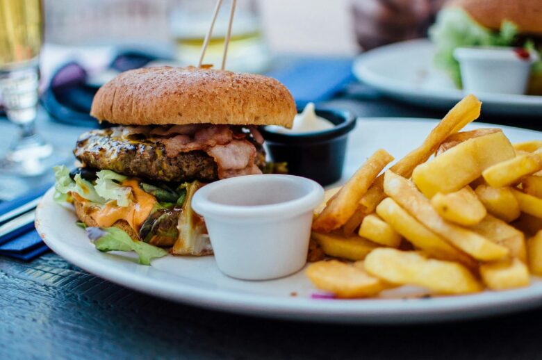 Burger and fries on the plate