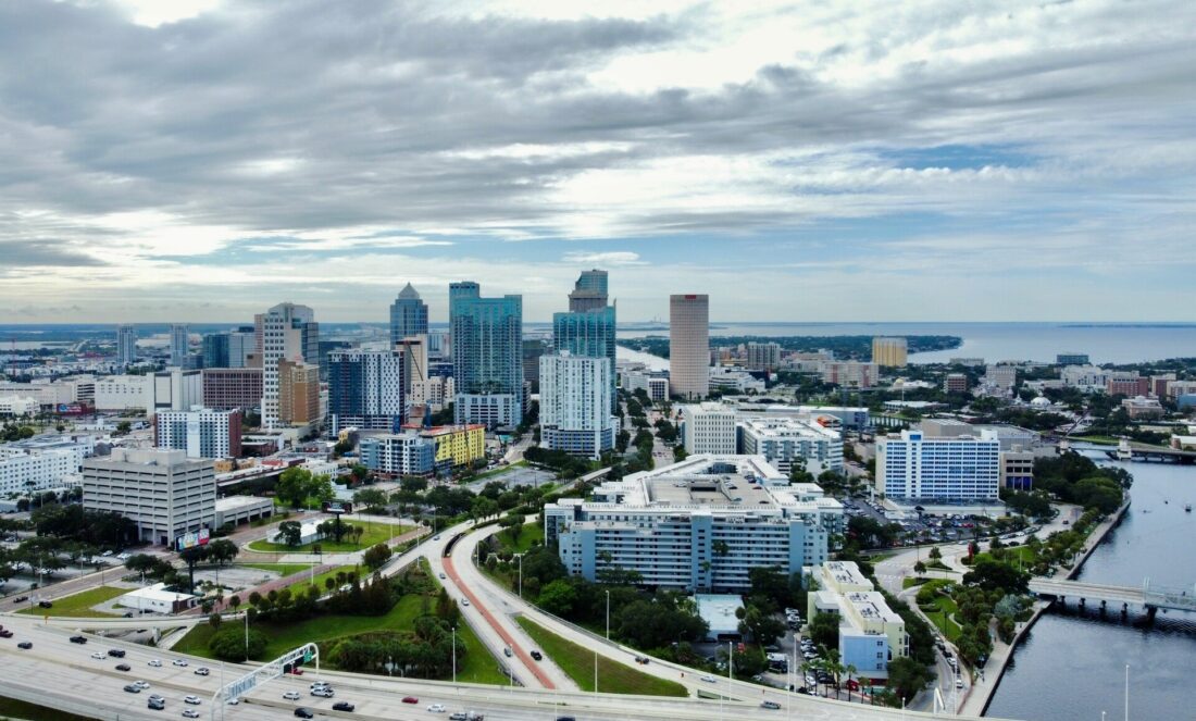 Stunning aerial view of the downtown Tampa city skyline featuring tall modern