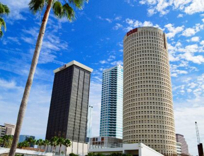 Beautiful daytime view of a historic white and black concrete building in downtown Tampa.